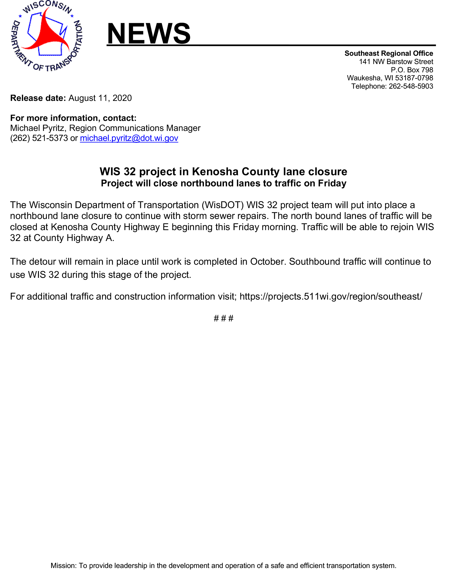Pr 081120 Wis 32 Nb Lane Closure
